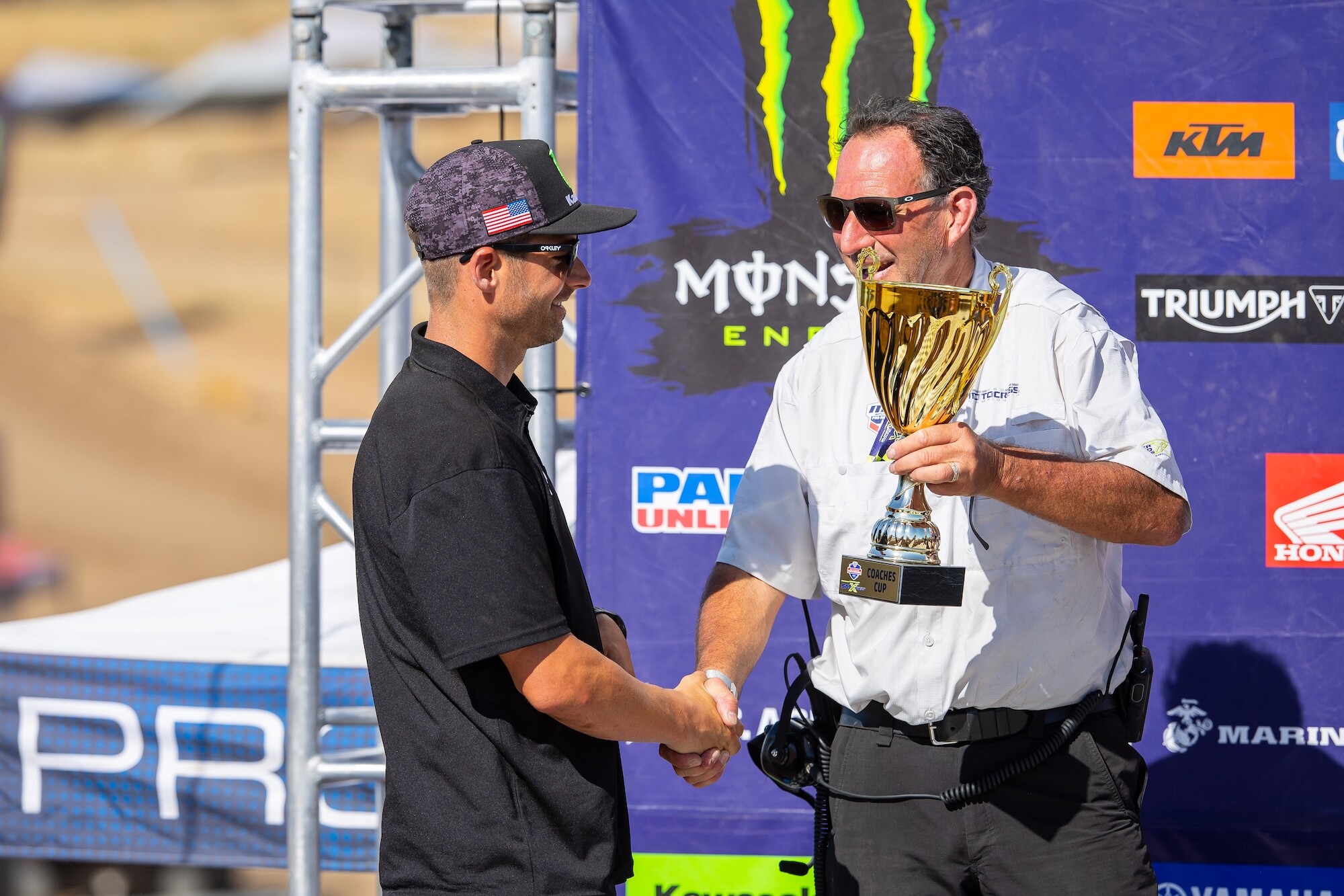 As the winning Rider Coach, Broc Tickle received the Coaches Cup from SMX Next – Motocross Director Jim Perry.