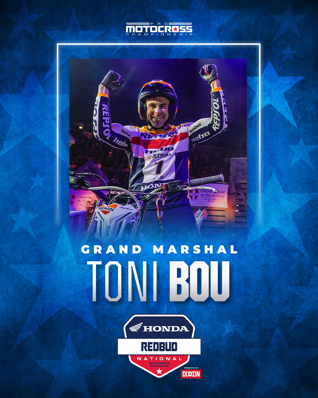 37-time FIM Trials World Champion Toni Bou will serve as Grand Marshal of the Honda RedBud National and will also showcase his legendary talent during a pair of exhibitions.