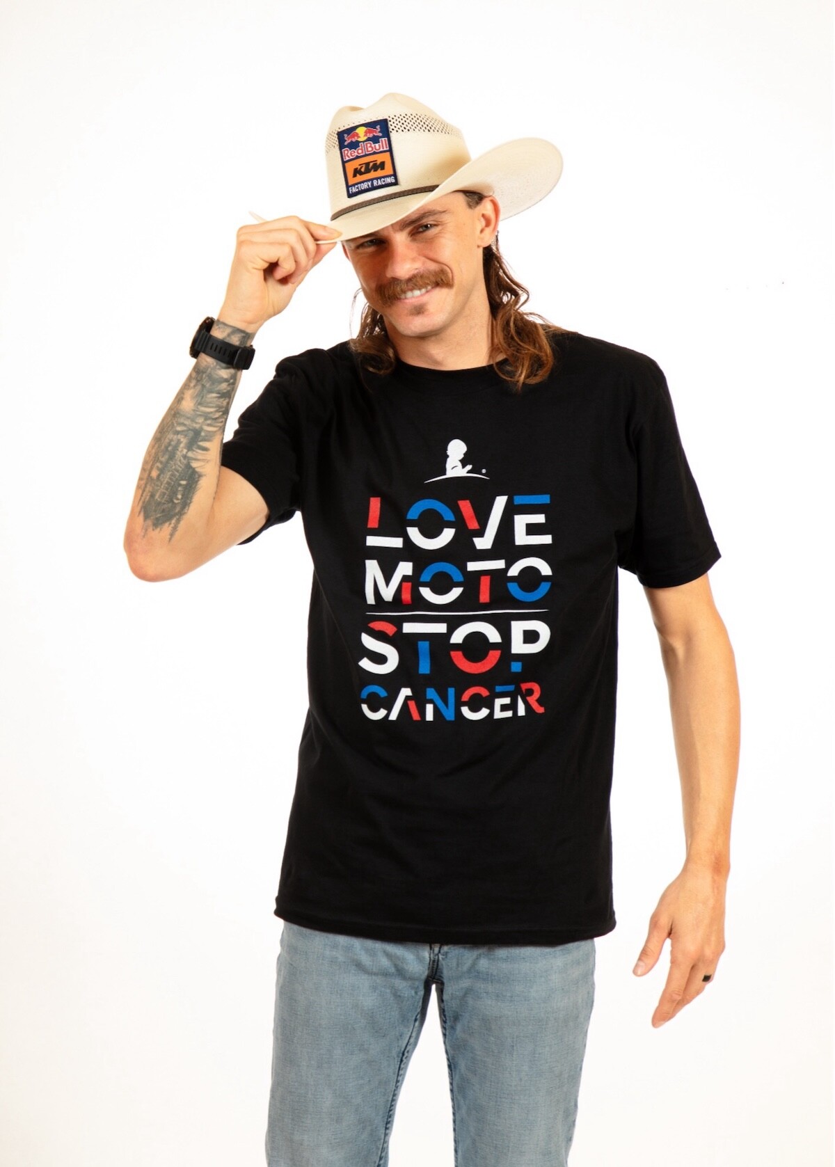 Red Bull KTM Factory Racing athlete and St. Jude supporter Aaron Plessinger repping the new red, white, and blue, patriotic themed Love Moto Stop Cancer t-shirt design.