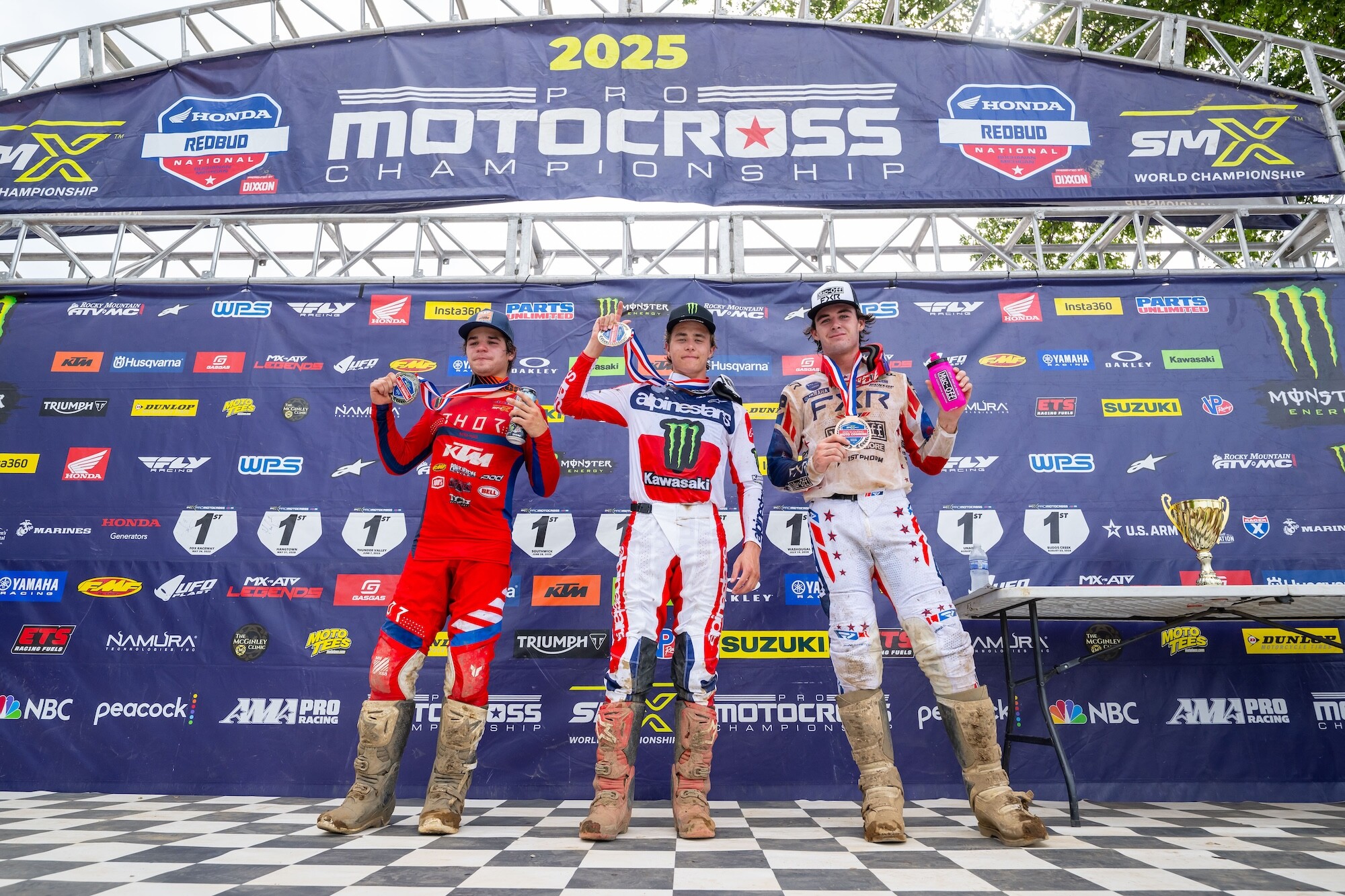 The RedBud Combine overall podium of Landen Gordon (1st place, center), Luke Fauser (2nd place, left), and Jesson Turner (3rd place, right).