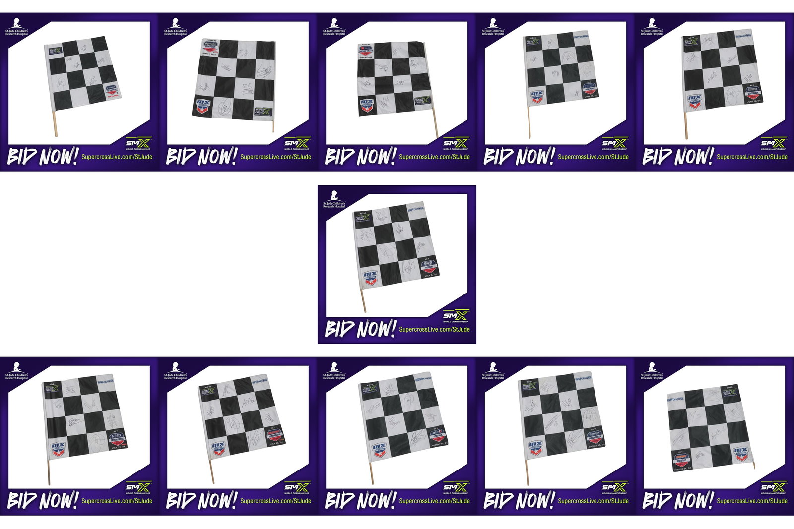 Each of the 11 race-used checkered flags from the 2024 Pro Motocross Championship are available, with each signed by the six podium finishers from each event.